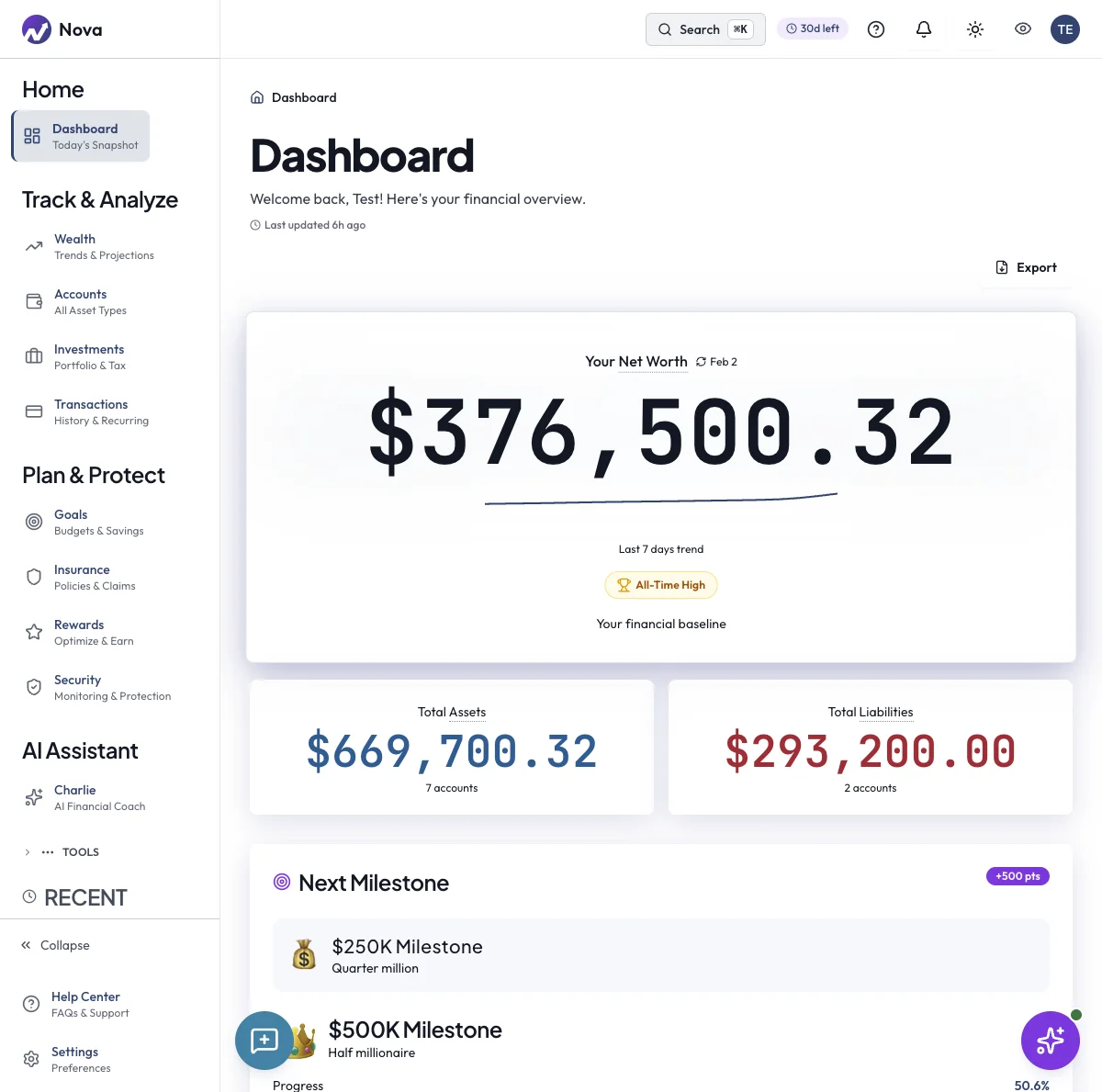 Nova Net Worth dashboard
